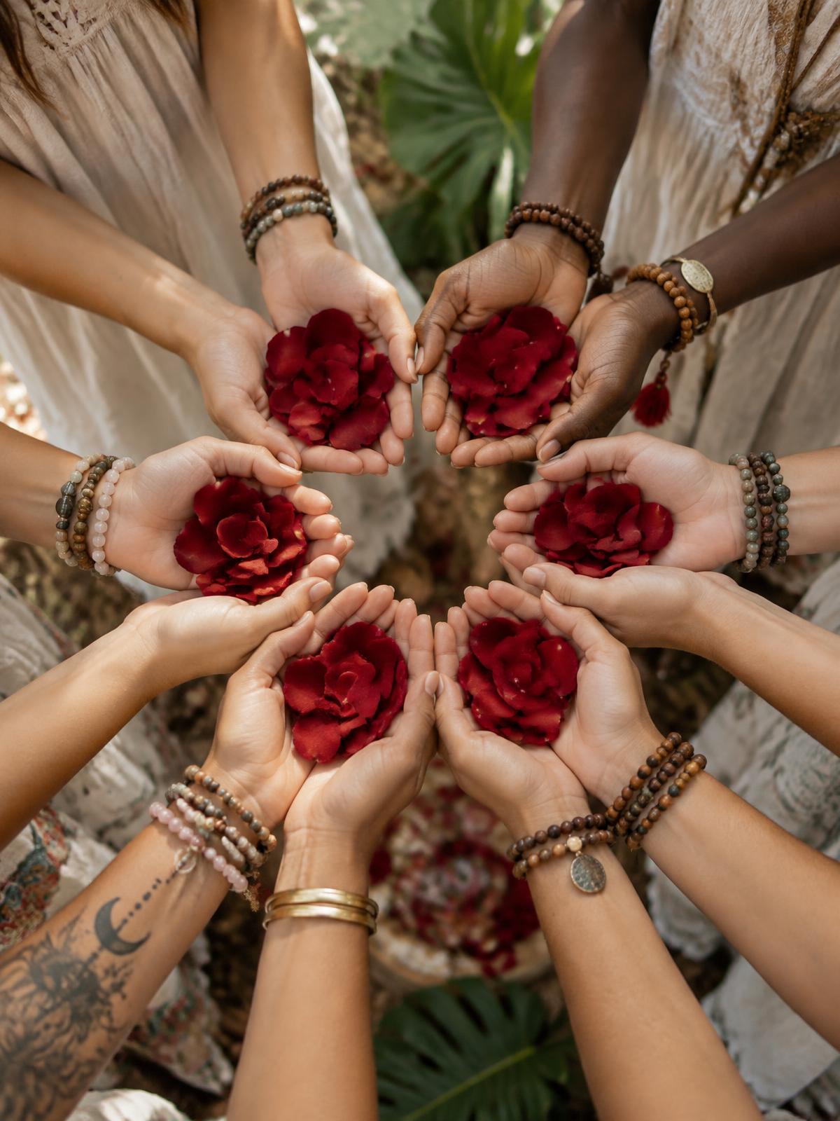 Cercle de mains de femmes tenant des pétales de rose